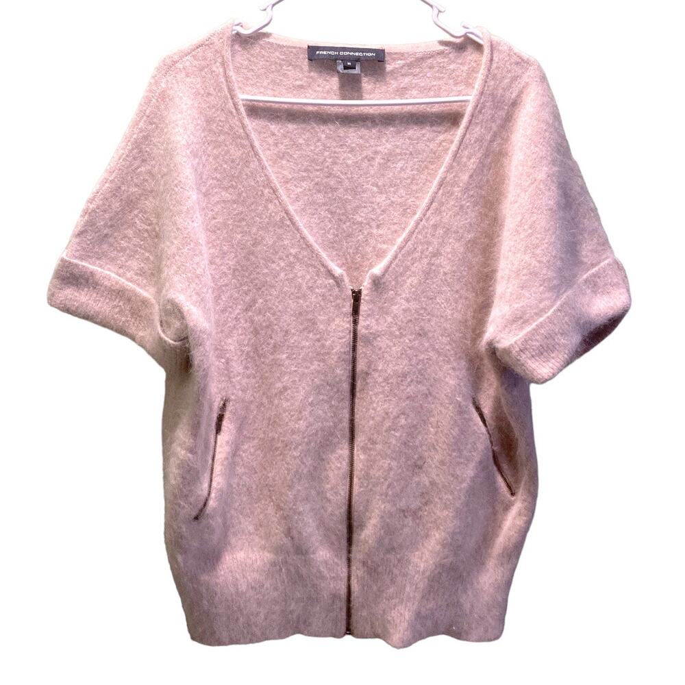 French Connection Women's Angora Vneck Zip Cardigan Sweater Sz M Cream